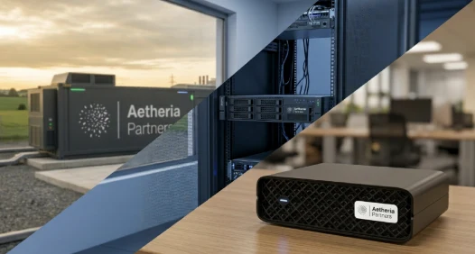 Aetheria deployment forms: a containerised micro data center on site, rack-mounted compute in an existing facility, and a compact on-premise unit.